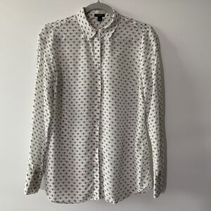 Ann Taylor 100% Silk Button Front Collared Bee Print Blouse White Black Size 6